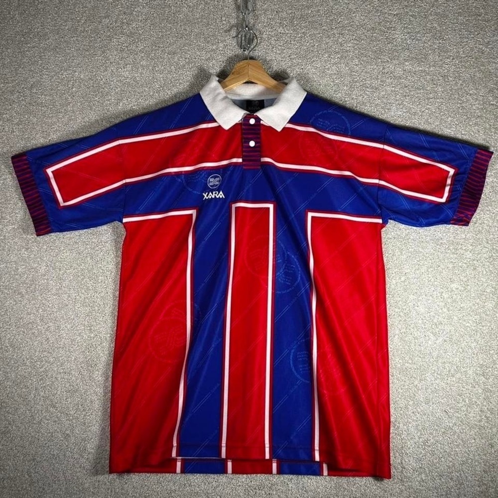 Vintage red and blue patterned Xara collared soccer jersey